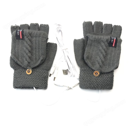 USB电热手套半指护盖针织提花学生手套室内户外2用保暖电池手套