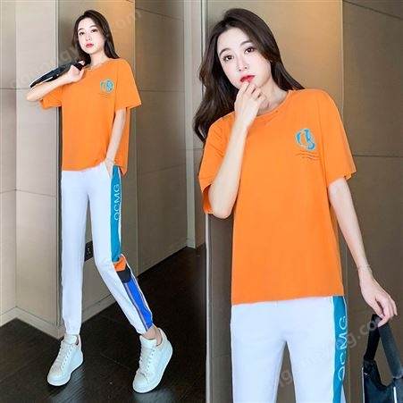 5516#95棉 夏季新款女装时尚韩版运动套装宽松洋气休闲两件套潮