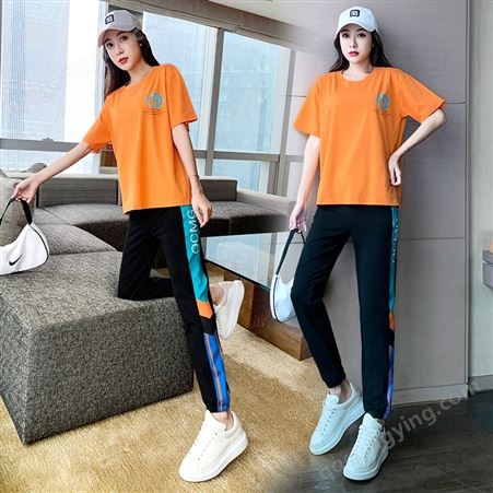 5516#95棉 夏季新款女装时尚韩版运动套装宽松洋气休闲两件套潮
