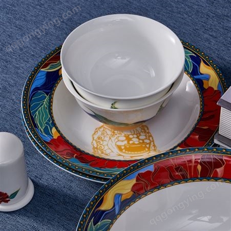家用碗 骨碟 汤勺餐具陶瓷套组 大家庭聚餐摆桌使用 锦绣